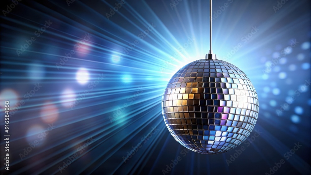 Fototapeta premium Disco ball hanging from a string , party, disco, celebration, mirrored, reflection, shiny, festive, hanging, decoration