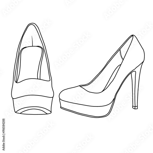 A line drawing of two high-heeled platform shoes, Technical sketch hand drawing outline vector doodle illustration, side and front view isolated on white background