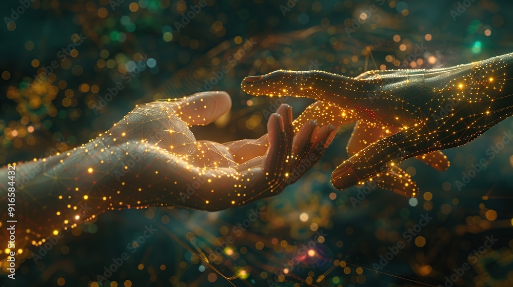 Two Hands Reaching Towards Each Other in a Glittering Digital World Two Hands Reaching Towards Each Other in a Glittering Digital World