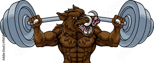 A boar razorback hog weight lifting gym animal sports mascot lifting a barbell