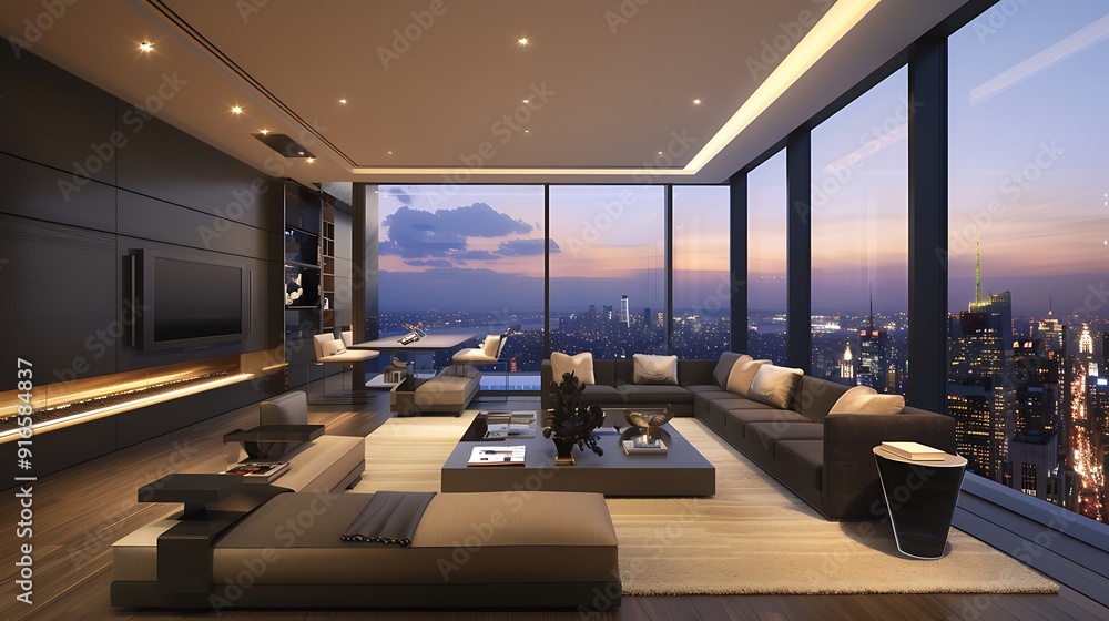 A luxurious, modern living room with a sleek, minimalist design and a stunning city view A luxurious, modern living room with a sleek, minimalist design and a stunning city view