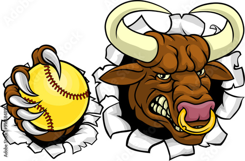 A bull or Minotaur monster longhorn cow angry mean softball mascot cartoon character. photo