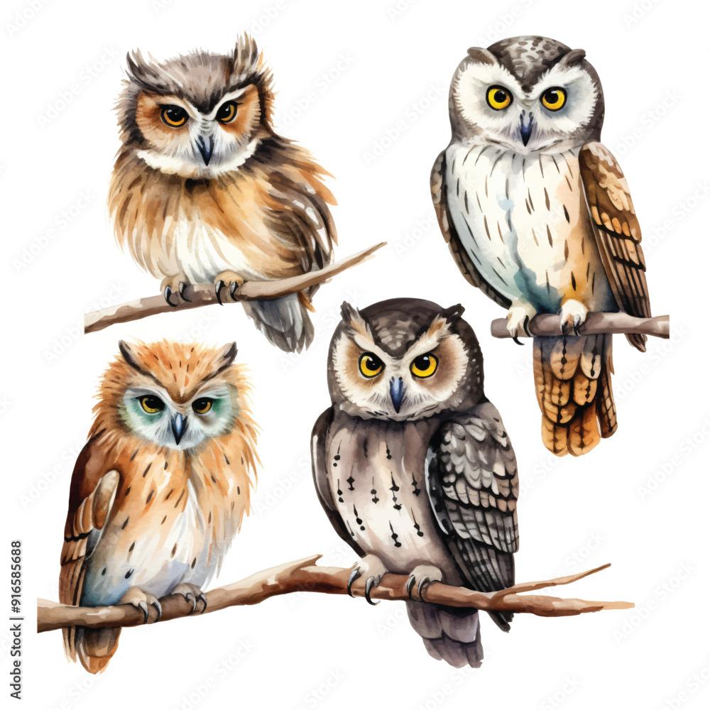 Fototapeta premium watercolor painting of owl four collection isolated