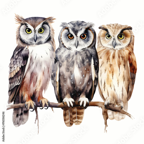 watercolor painting of owl four collection isolated