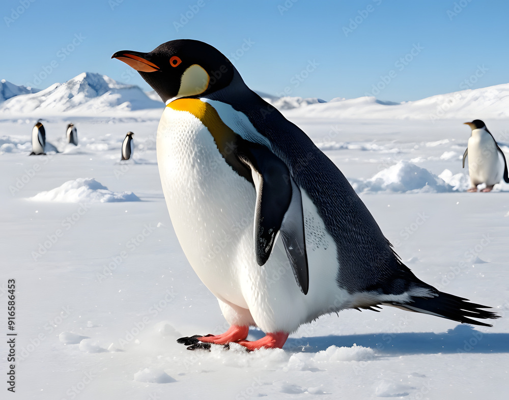 Fototapeta premium Penguin Joyfully Sliding on Ice with a Cheerful Pose