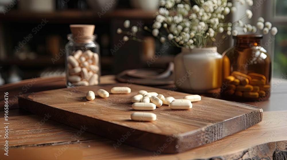Allergy pills on a wooden board against a background of ragweed Allergy pills on a wooden board against a background of ragweed