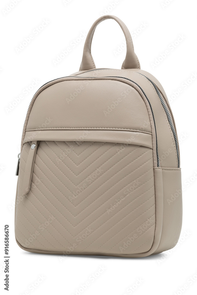 Fototapeta premium Female fashion beige hand bag backpack isolated on transparent background. Grey leather unisex casual shoulder backpack. — photography