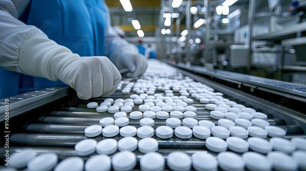 Production of tablets in a factory on a conveyor belt Production of tablets in a factory on a conveyor belt