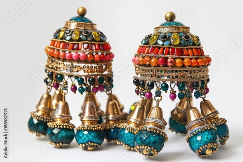 A long and vibrant jhumki on a white background, emphasizing its traditional design and bright colors 