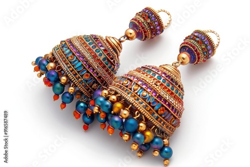 A colorful, elongated jhumki shown on a white background, illustrating its detailed and vivid patterns
 photo