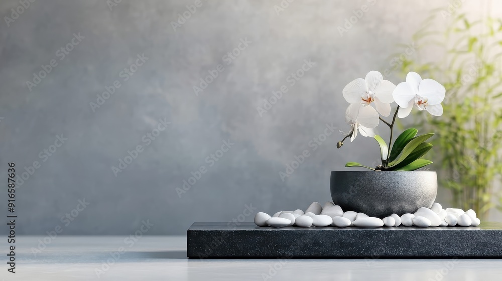 Sleek black stone podium with orchid blossom and white pebbles, reflecting light. Sleek black stone podium with orchid blossom and white pebbles, reflecting light.