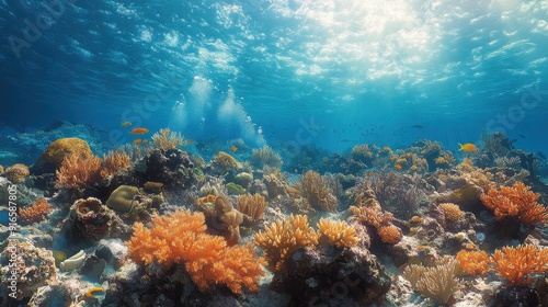 Colorful Coral Reef Under Clear Blue Ocean Water with Sunlight Streaming Down: Stunning Underwater Marine Life Photography