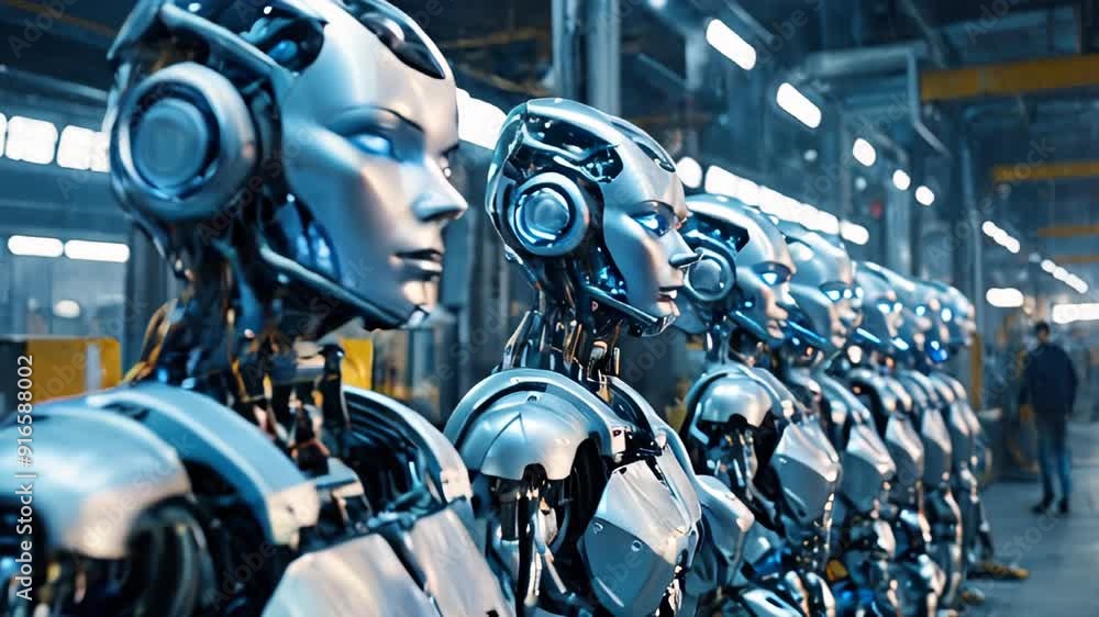 Futuristic sci-fi image depicting a row of humanoid robots in a factory Futuristic sci-fi image depicting a row of humanoid robots in a factory
