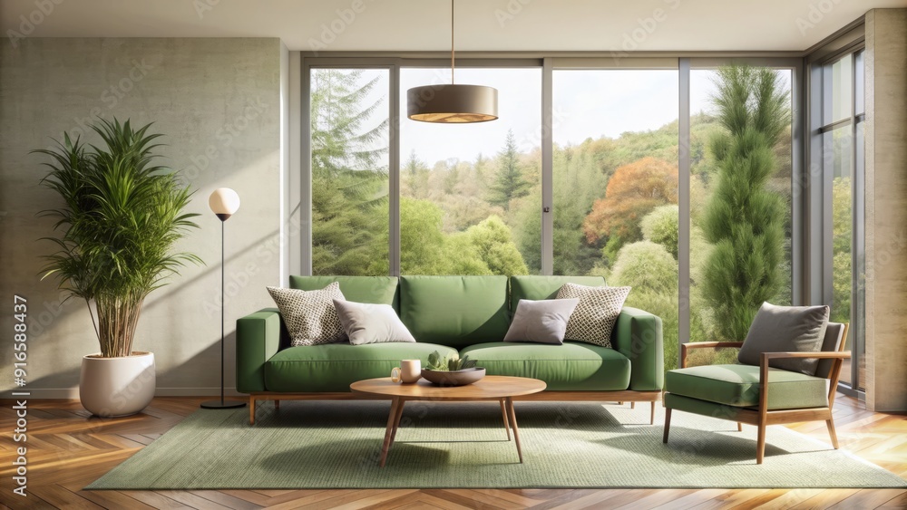 Fototapeta premium Sleek and serene, this modern minimalist living room features a soothing sage green sofa, natural textures, and abundant natural light, exuding calm and sophistication.