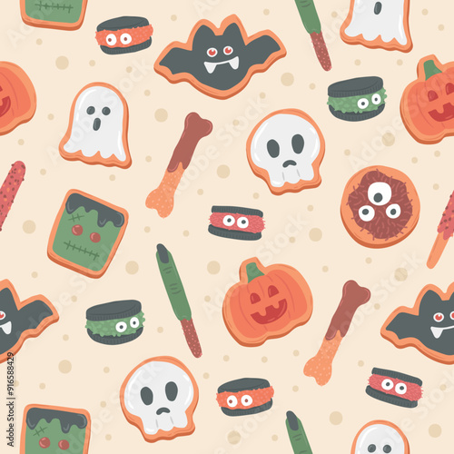Halloween cookie biscuits seamless pattern vector illustration