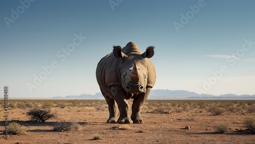 High-resolution, landscape-style photograph featuring a solitary rhinoceros standing in a vast, arid savannah (2)