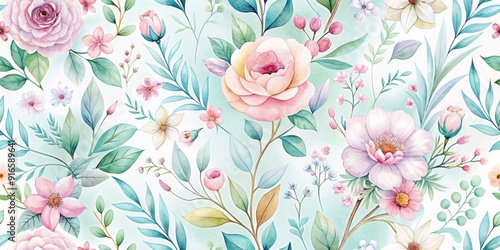 Soft, whimsical watercolor pastel floral seamless pattern featuring delicate blooms, leaves, and stems in soothing hues, perfect for feminine designs and backgrounds.