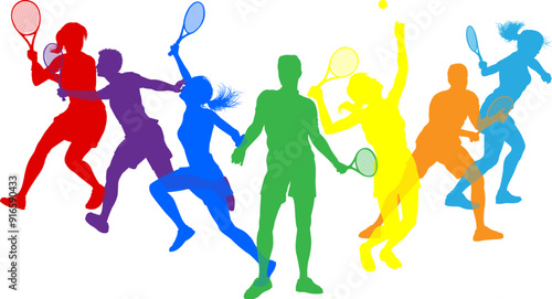 Silhouette Tennis players set. Active sports people healthy players fitness silhouettes concept.