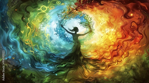 Symbolism Art Style of Tarot Card of the World, Symbolic Representation of the World Through Art: A Vibrant Fusion of Nature, Elements, and Human Connection