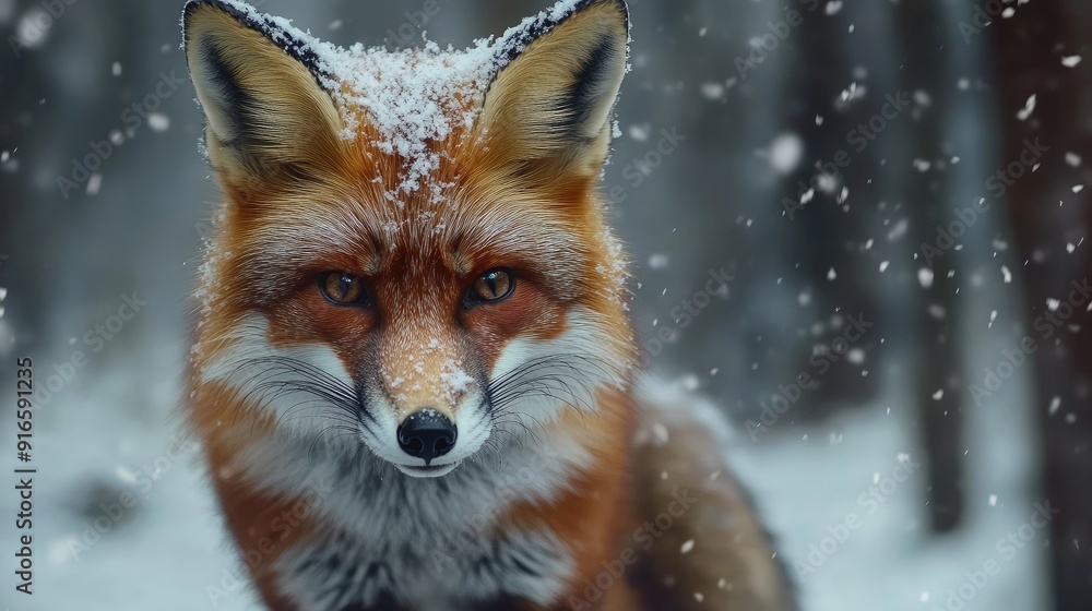 A close-up of a red fox with its sharp eyes and bushy tail, standing alert in a snowy forest. A close-up of a red fox with its sharp eyes and bushy tail, standing alert in a snowy forest.