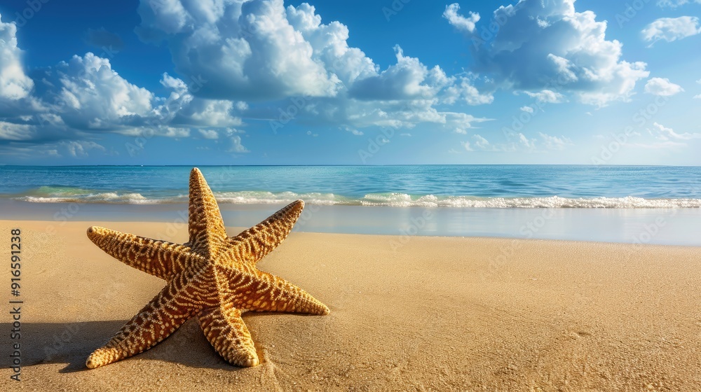 Tropical beach with sea star on sand, summer holiday background Tropical beach with sea star on sand, summer holiday background