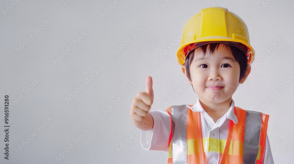 A cute happy smiling young Japanese boy dressed like a construction worker raises his thumb up on a plain white background with copy space for text. A cute happy smiling young Japanese boy dressed like a construction worker raises his thumb up on a plain white background with copy space for text.