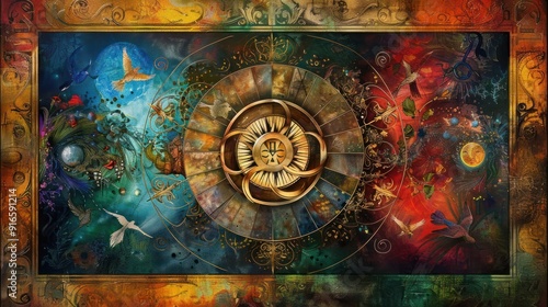 Symbolism Art Style of Tarot Card of Wheel of Fortune, Symbolism Art Depicting the Concept of Wheel of Fortune with Vibrant Colors and Intricate Details