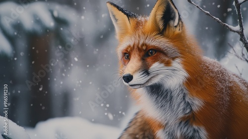 A close-up of a red fox with its sharp eyes and bushy tail, standing alert in a snowy forest.