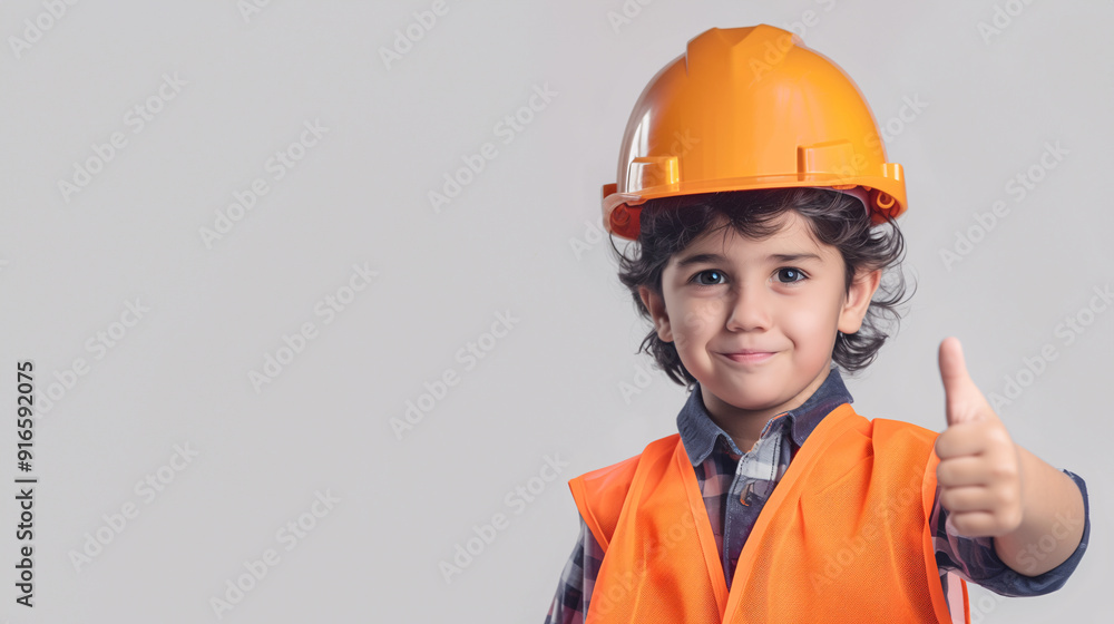 A cute happy smiling young Arab boy dressed like a construction worker raises his thumb up on a plain white background with copy space for text. A cute happy smiling young Arab boy dressed like a construction worker raises his thumb up on a plain white background with copy space for text.