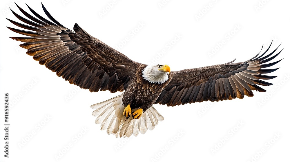 A majestic bald eagle soaring through a clear sky, with its wings fully extended and sharp eyes focused ahead. A majestic bald eagle soaring through a clear sky, with its wings fully extended and sharp eyes focused ahead.