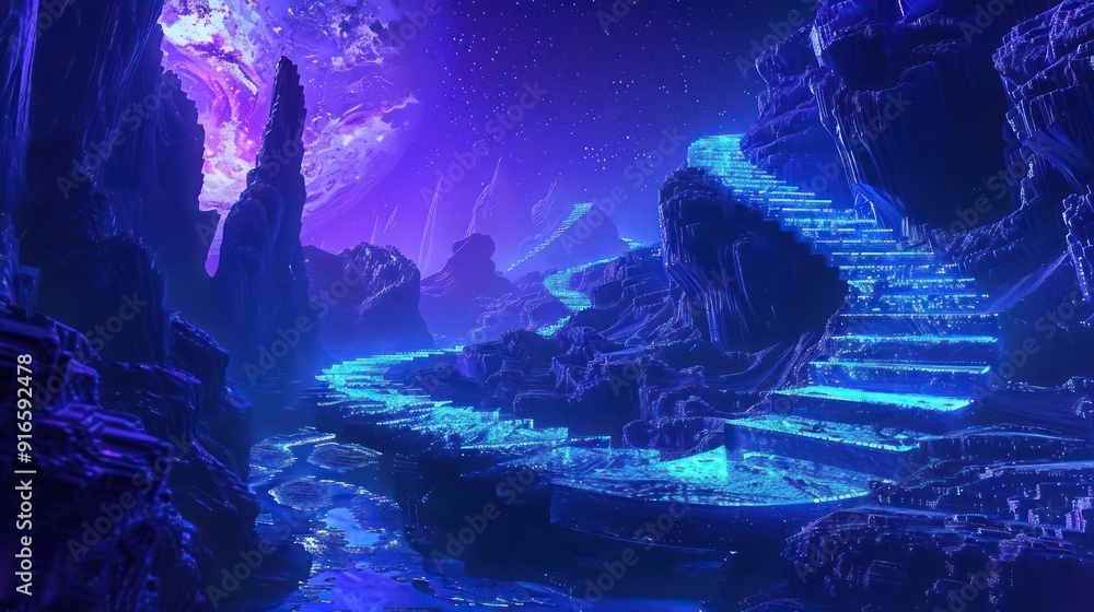 Obraz premium otherworldly 3D abstract environment where surreal dreams unfold in shades of celestial blue and twilight violet