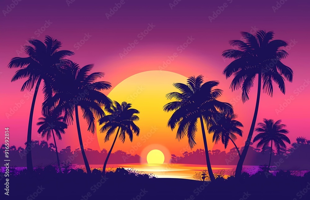flat vector illustration of sunset with palm trees, purple and orange gradient, retro style, 80s style, simple shapes, simple flat design, simple flat colors, no shadows, simple background flat vector illustration of sunset with palm trees, purple and orange gradient, retro style, 80s style, simple shapes, simple flat design, simple flat colors, no shadows, simple background