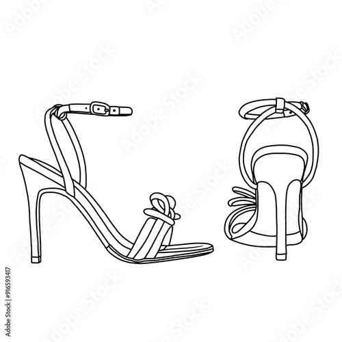Women's Double Bowknots Sandals With Slingback Heels Square Toe Shoes Line Art, Technical sketch hand drawing outline vector doodle illustration, side and rear view isolated on white background
