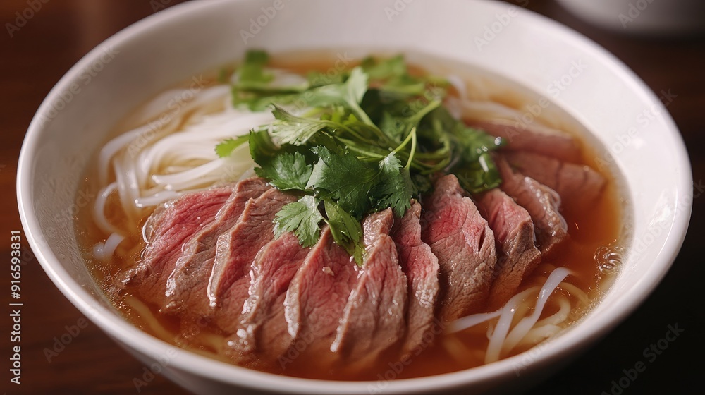 A mouthwatering shot of a bowl of Vietnamese pho, with thinly sliced beef, rice noodles, and fresh herbs in a savory broth. A mouthwatering shot of a bowl of Vietnamese pho, with thinly sliced beef, rice noodles, and fresh herbs in a savory broth.