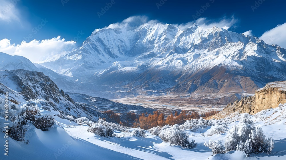 Majestic Snow-Capped Peaks. Serene Mountain Landscape concept Majestic Snow-Capped Peaks. Serene Mountain Landscape concept