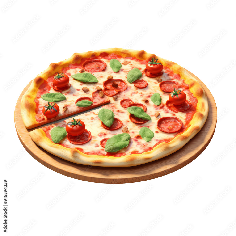 A delicious pepperoni pizza with a slice removed, topped with fresh basil and cherry tomatoes on a wooden board. A delicious pepperoni pizza with a slice removed, topped with fresh basil and cherry tomatoes on a wooden board.
