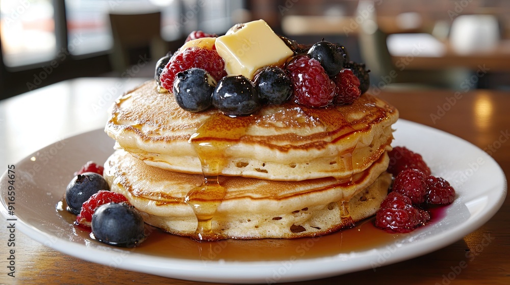 A mouthwatering shot of a stack of fluffy pancakes topped with butter, syrup, and fresh berries, perfect for breakfast.