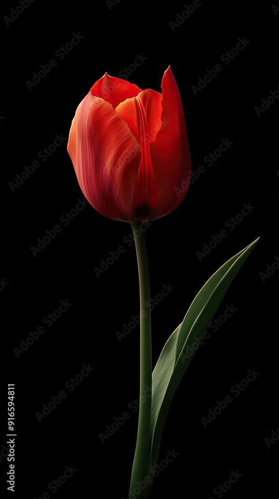 Obraz premium A stunning red tulip stands elegantly against a dark background, showcasing its vibrant petals and delicate green leaf.