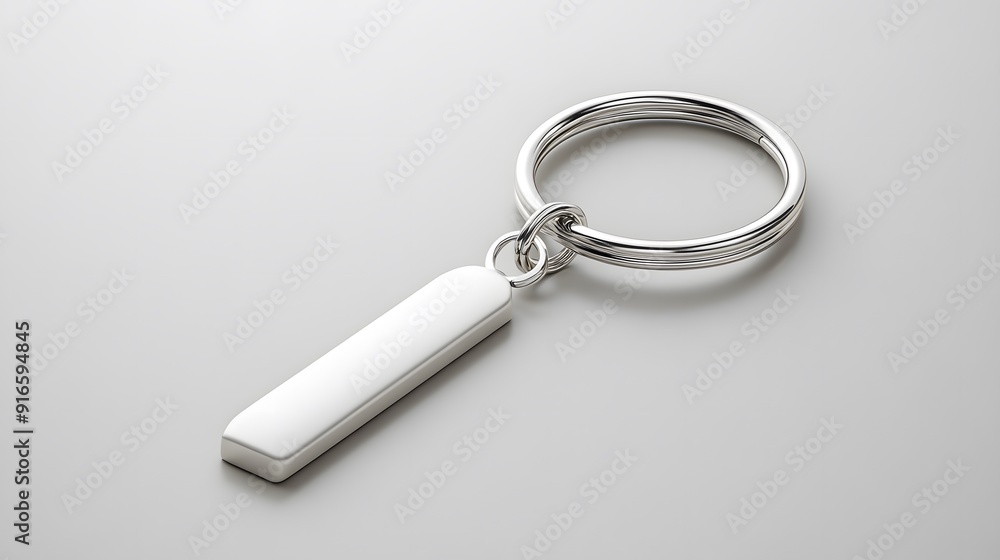 Minimalist white keychain mockup displayed on a neutral-colored surface with subtle reflections Minimalist white keychain mockup displayed on a neutral-colored surface with subtle reflections