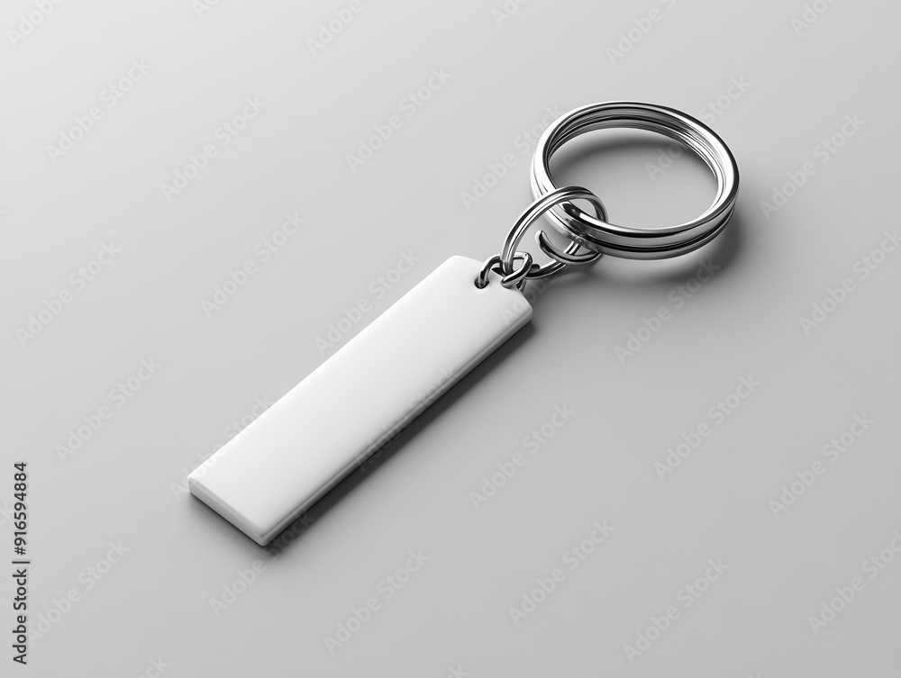 White keychain mockup shown with a subtle shine, placed on a clean background White keychain mockup shown with a subtle shine, placed on a clean background