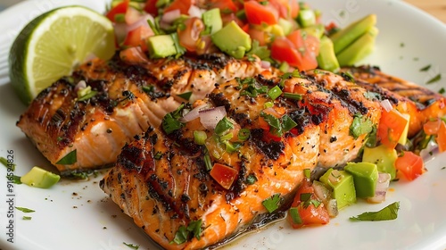 A plate of grilled salmon paired with a side of avocado salsa combining the heart healthy benefits of omega3s and antioxidants. Image of food. copy space for text.