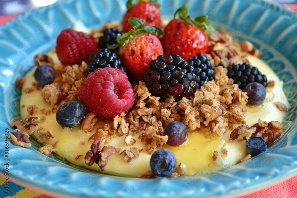 Delicious bowl of yogurt topped with fresh berries and crunchy granola, perfect healthy breakfast or snack idea. Delicious bowl of yogurt topped with fresh berries and crunchy granola, perfect healthy breakfast or snack idea.