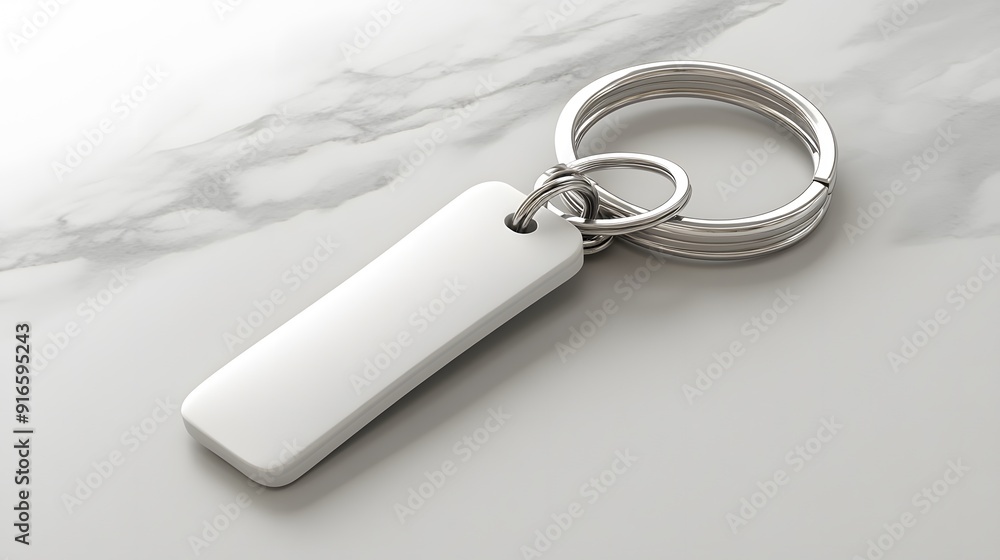 White keychain mockup on a light grey surface with soft shadows, focusing on its sleek design White keychain mockup on a light grey surface with soft shadows, focusing on its sleek design