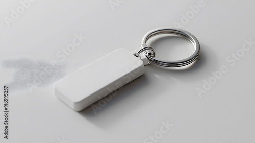 White keychain mockup on a light grey surface with soft shadows, focusing on its sleek design