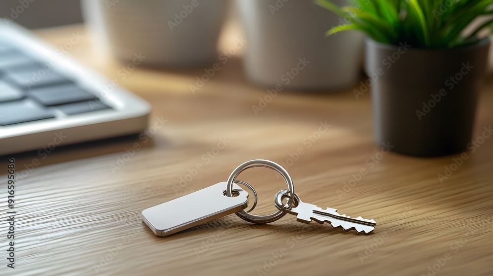 White keychain mockup placed on a simple desk, illuminated by soft natural light White keychain mockup placed on a simple desk, illuminated by soft natural light