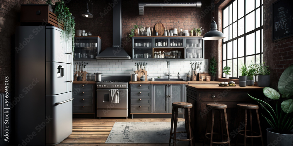 Industrial style kitchen with stainless steel appliances Industrial style kitchen with stainless steel appliances