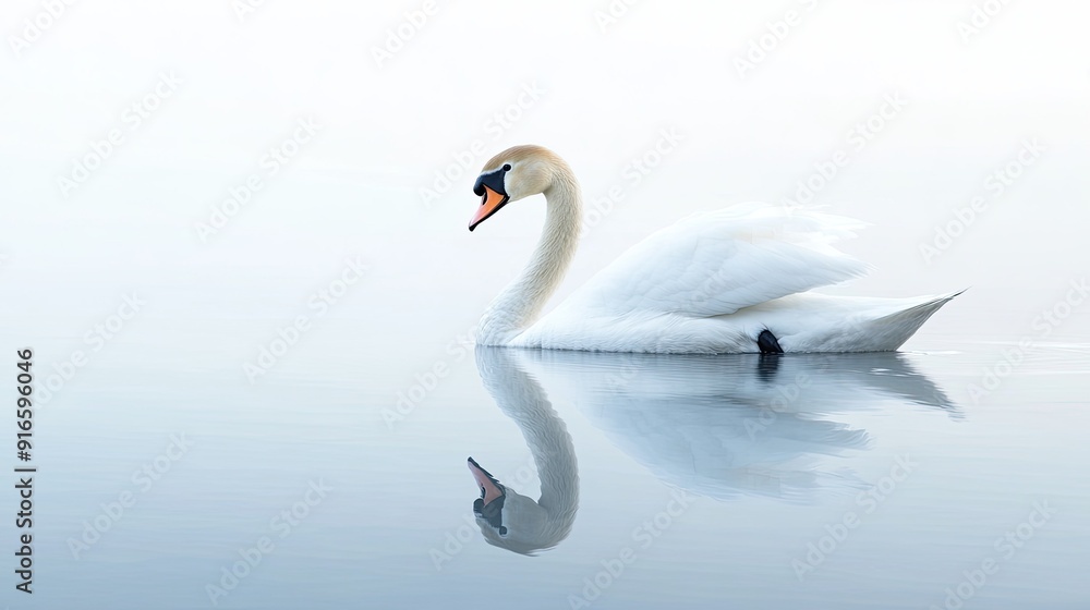 A serene image of a swan gliding gracefully across a calm lake, with its reflection mirrored in the water. A serene image of a swan gliding gracefully across a calm lake, with its reflection mirrored in the water.