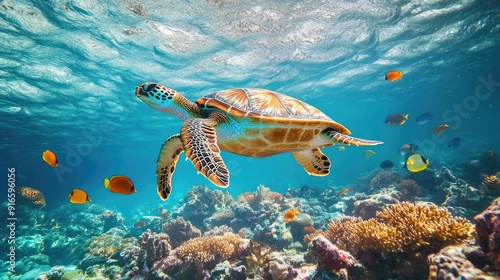 A serene underwater scene featuring a sea turtle gliding gracefully through coral reefs with colorful fish swimming nearby.