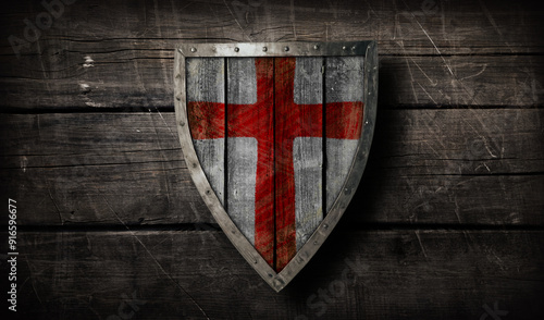 Medieval wooden triangular shield with silver brim and red white english pattern design on ancient wooden background