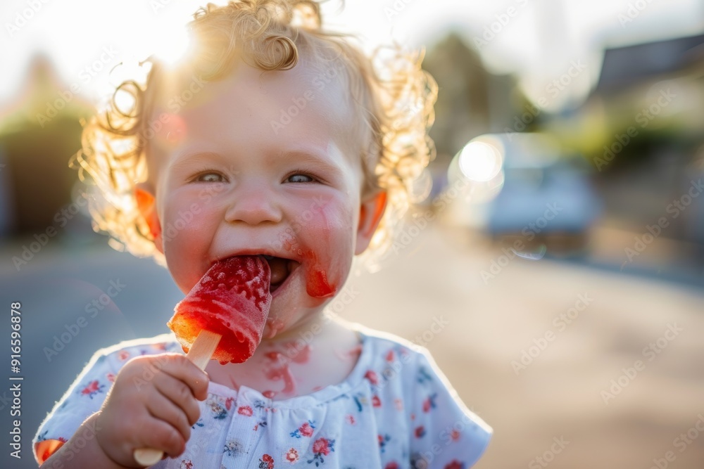 Cute toddler blond curly hair and joyful expression. Ice cream brings a big smile to this child's face. Essence of childhood curiosity and wonder. Cute toddler blond curly hair and joyful expression. Ice cream brings a big smile to this child's face. Essence of childhood curiosity and wonder.